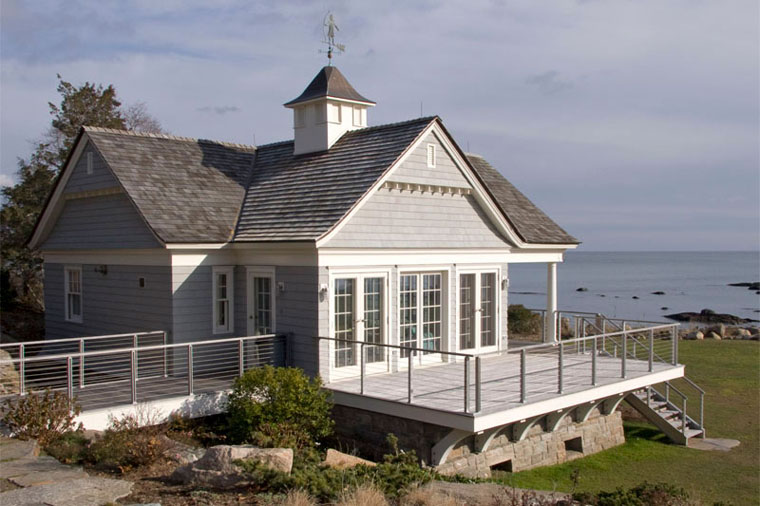 Shingle style waterfront guest house and boathouse in Guilford CT by Felhandler Steeneken Architects