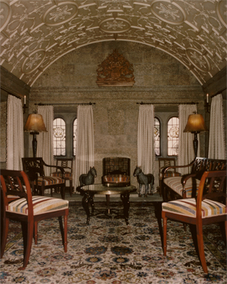 Kasota stone Sitting Room with barrel arch strapwork plaster ceiling imported from England