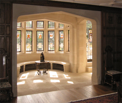 Indiana Limestone bow bay window with salvaged Hope's windows