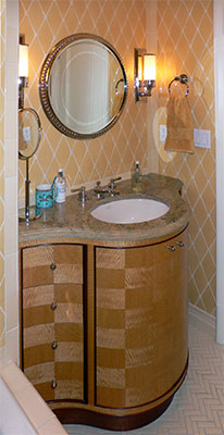 Custom inlaid Anigre veneer vanity and Barbara Barry tile